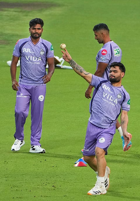Kolkata Knight Riders' Rinku Singh, right, during a training session at Eden Gardens ahead of IPL 2026, in Kolkata.