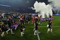 | Photo: AP/Mark Baker : Australia's team enters the field during the Women's Asian Cup soccer final between Japan and Australia in Sydney.