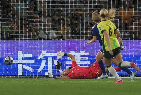 Japan's goalkeeper Ayaka Yamashita makes a save during the Women's Asian Cup soccer final between Japan and Australia in Sydney.