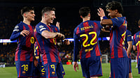 | Photo: AP/Joan Monfort : Barcelona's Robert Lewandowski , second left, celebrates with teammates after scoring his side's sixth goal during the Champions League round of 16, second leg soccer match between FC Barcelona and Newcastle United FC in Barcelona, Spain, Wednesday, March 18, 2026.