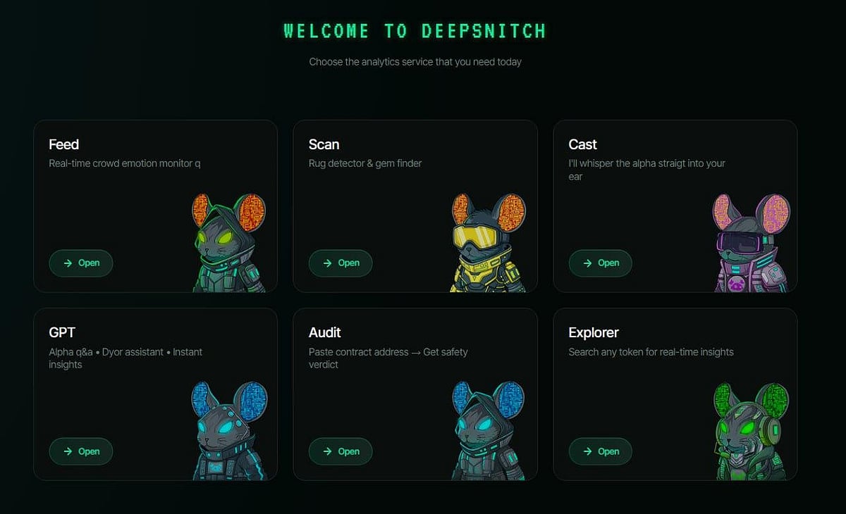 DeepSnitch crypto tools and six cyber mouse icons