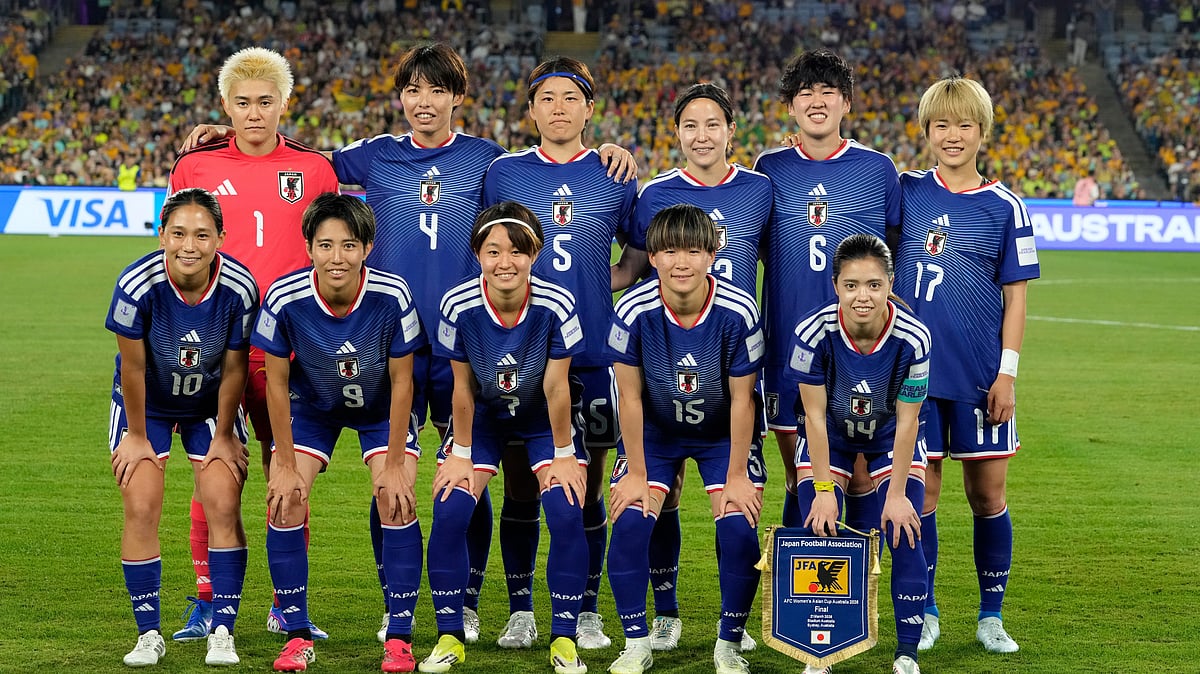The Japanese team pose for a group photo before the Women's Asian Cup soccer final between Japan and Australia in Sydney, Saturday, March 21, 2026. - (AP Photo/Rick Rycroft)