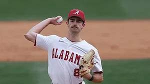 (AP Photo/Mike Buscher, File) : FILE - Alabama pitcher Tyler Fay (8) during an NCAA baseball game against Presbyterian on March 9, 2025, in Tuscaloosa, Ala.