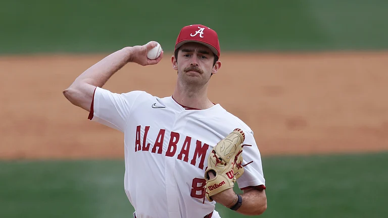 FILE - Alabama pitcher Tyler Fay (8) during an NCAA baseball game against Presbyterian on March 9, 2025, in Tuscaloosa, Ala. - (AP Photo/Mike Buscher, File)
