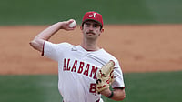 (AP Photo/Mike Buscher, File) : FILE - Alabama pitcher Tyler Fay (8) during an NCAA baseball game against Presbyterian on March 9, 2025, in Tuscaloosa, Ala.