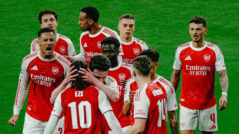 Arsenal footballers celebrating a goal against Bayer Leverkusen in UEFA Champions League 2025-26. - Arsenal/X