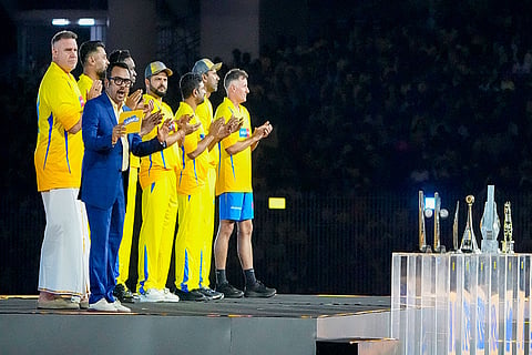 Former cricketers Michael Hussey, Matthew Hayden, Suresh Raina and others during the Chennai Super Kings’ ROAR 2026, pre-season fan event, at M. A. Chidambaram Stadium in Chennai.