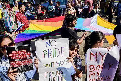 People from the LGBTQ+ community take part in a rally over Transgender (Amendment) Bill, 2026, in Kolkata.