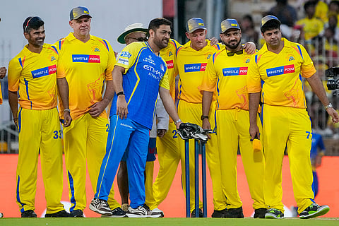 Cricketers MS Dhoni, former cricketers Matthew Hayden, Anirudha Srikkanth and others during the Chennai Super Kings’ ROAR 2026, pre-season fan event, at M. A. Chidambaram Stadium in Chennai.