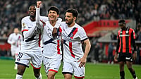 Ligue 1 Roundup: PSG Cruise Past Nice To Reclaim Top Spot | Photo: AP/Philippe Magoni : PSG's Pedro Fernandez, center, celebrates after scoring his side's third goal during the French League One soccer match between Nice and Paris Saint-Germain in Nice, France, Saturday, March 21, 2026.