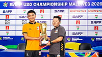 | Photo: Instagram/saff_football : Bhutan U20 captain Rinzin Dorji and head coach Sonam Dhendup with the SAFF U20 Championship trophy.
