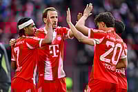 | Photo: Sven Hoppe/DPA via AP : From left, Munich's scorer Serge Gnabry, Harry Kane, Tom Bischof and Raphael Guerreiro celebrate their side's fourth goal during the German Bundesliga soccer match between FC Bayern Munich and 1. FC Union Berlin in Munich, Germany.