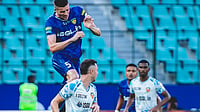 IndSuperLeague/X : Chennaiyin FC and FC Goa players battle for the ball during ISL 2025-26 match at the Jawaharlal Nehru Stadium in Chennai. 
