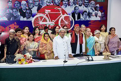 Samajwadi Party National President Akhilesh Yadav, party MP Dimple Yadav and others during the Mahila Samman Samaroh, in Lucknow.