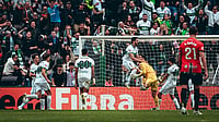 | Photo: X/edersa10 : Elche players celebrate after scoring during the La Liga match against Mallorca on March 21, 2026.