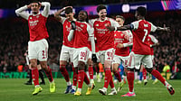 | Photo: AP/Ian Walton : Arsenal's Eberechi Eze center, celebrates with teammates after scoring the opening goal during the second leg of the Champions League round of 16 soccer match between Arsenal and Bayer Leverkusen, in London, Tuesday, March 17, 2026. 