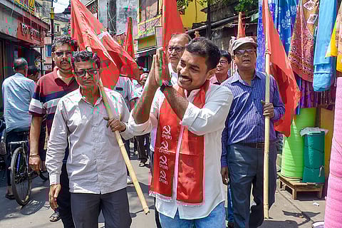 CPI(M) candidate from Nabadwip Assembly constituency Swarnendu Sinha campaigns for the West Bengal Assembly elections, in Nadia,.