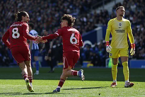 Liverpool's Dominik Szoboszlai and Milos Kerkez react after scoring during the English Premier League soccer match between Brighton and Liverpool in Brighton.
