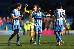 | Photo: AP/Ian Walton : Brighton players reacts after the English Premier League soccer match between Brighton and Liverpool in Brighton.