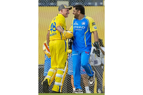 Cricketers Michael Hussey, left, with MS Dhoni, during the Chennai Super Kings’ ROAR 2026, pre-season fan event, at M. A. Chidambaram Stadium in Chennai.