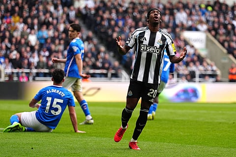 Newcastle United's Anthony Elanga rues a missed chance during the Premier League match between Newcastle and Sunderland outside St James' Park, Newcastle upon Tyne, England.