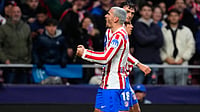 | Photo: AP/Jose Breton : Atletico Madrid's Antoine Griezmann celebrates after scoring his side's second goal during the first leg of the Champions League round of 16 soccer match between Atletico Madrid and Tottenham in Madrid, Spain, Tuesday, March 10, 2026.