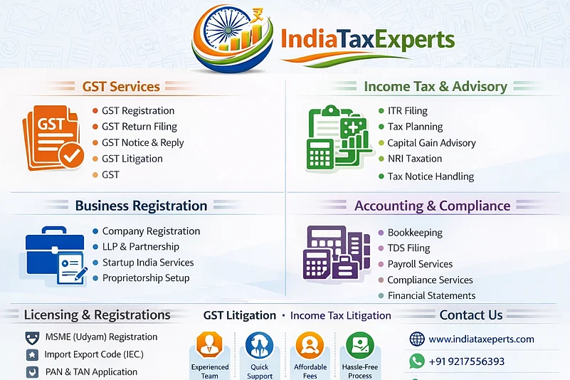 IndiaTaxExperts poster showing GST, tax, registration, and accounting services