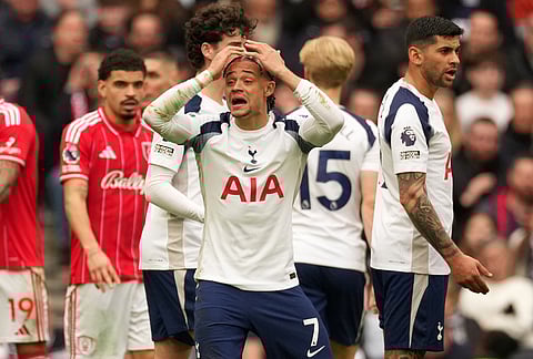 Tottenham's Xavi Simons reacts during the English Premier League soccer match between Tottenham Hotspur and Nottingham Forest in London.