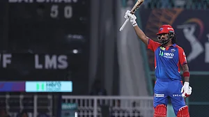 AP Photo : Delhi Capitals' KL Rahul celebrates after scoring fifty runs during the Indian Premier League cricket match between Lucknow Super Giants and Delhi Capitals at Atal Bihari Vajpayee Ekana Cricket Stadium in Lucknow, India, Tuesday, April 22, 2025.