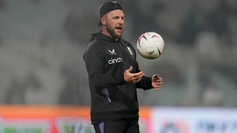 England head coach Brendon McCullum plays with a soccer ball before the start of the first T20 cricket match between India and England at Eden Gardens in Kolkata, India, Jan. 22, 2025. - | Photo: AP/Bikas Das