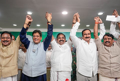 Union Minister Piyush Goyal along with AIADMK General Secretary Edappadi K. Palaniswami, Pattali Makkal Katchi (PMK) MP Anbumani Ramadoss and others join hands  during a press conference ahead of the Tamil Nadu Assembly Elections, at the party headquarter in Chennai.