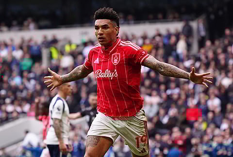 Nottingham Forest's Igor Jesus celebrates scoring his side's first goal of the game, during the English Premier League soccer match between Tottenham Hotspur and Nottingham Forest, in London.