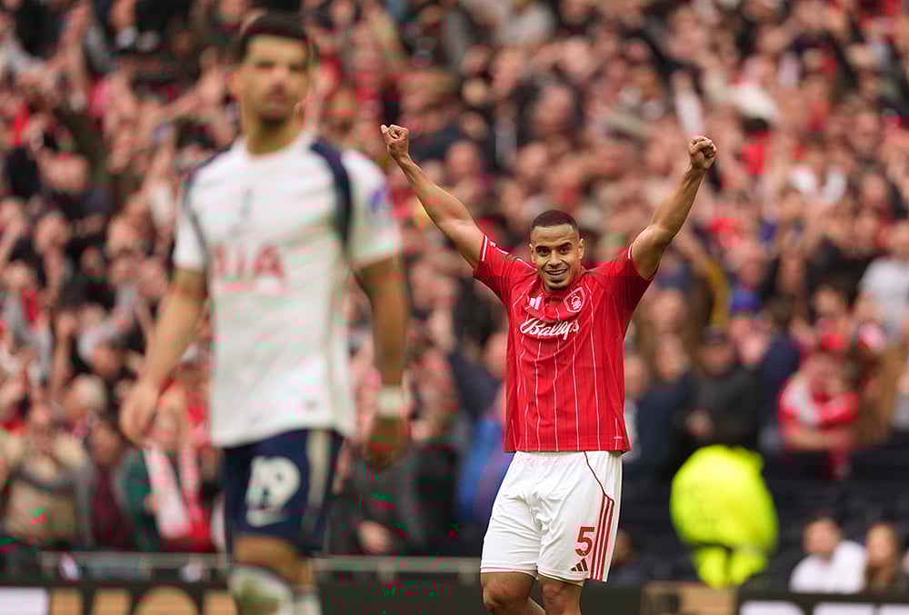 Nottingham Forest's Murillo celebrates after the English Premier League soccer match between Tottenham Hotspur and Nottingham Forest in London. - | Photo: AP/Dave Shopland