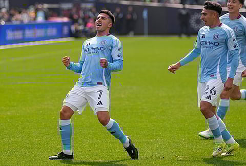 New York City FC's Nicolás Fernández reacts after scoring during the first half of an MLS soccer game against Inter Miami at Yankee Stadium in New York.
