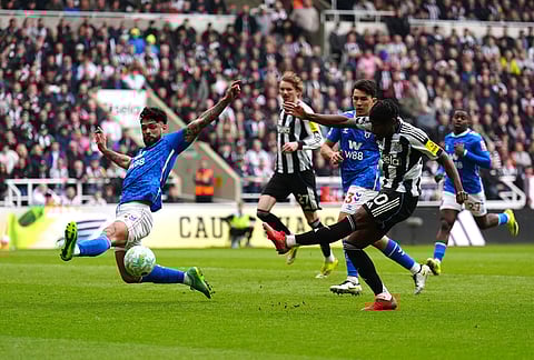 Newcastle United's Anthony Elanga attempts a shot towards goal during the Premier League match between Newcastle and Sunderland outside St James' Park, Newcastle upon Tyne, England.