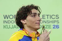 World Athletics Indoor C'ships 2026: Duplantis Secures Another World Title | Photo: AP/Beata Zawrzel : Armand Duplantis, of Sweden, poses on the podium after winning the gold medal in the men's pole vault at the World Athletics Indoor Championships in Torun, Poland.