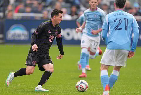Inter Miami's Lionel Messi drives toward the goal during the second half of an MLS soccer game against New York City FC at Yankee Stadium in New York.