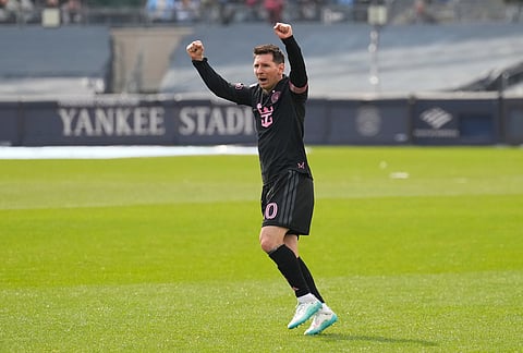 Inter Miami's Lionel Messi reacts after scoring during the second half of an MLS soccer game against New York City FC at Yankee Stadium in New York.