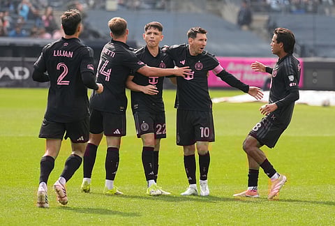 Inter Miami's Lionel Messi, second from right, celebrates with teammates after scoring during the second half of an MLS soccer game against New York City FC at Yankee Stadium in New York.