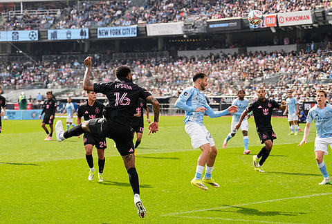 Inter Miami's Micael dos Santos Silva (16), left, scores on a header during the second half of an MLS soccer game against New York City FC at Yankee Stadium in New York.