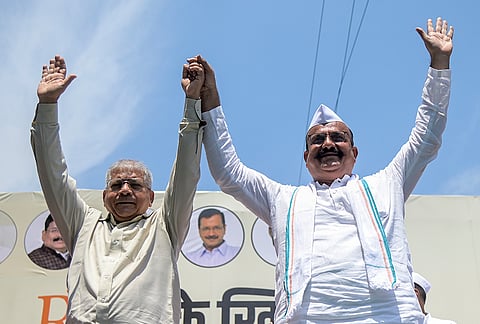 Vanchit Bahujan Aaghadi (VBA) President Prakash Ambedkar, left, and Maharashtra Congress chief Harshwardhan Sapkal during a protest seeking Narendra Modi government's clarification on the Epstein Files, in Nagpur. The protest was to question the Rashtriya Swayamsevak Sangh's (RSS) stand on the Epstein Files and Modi's name cropping up in it, Sapkal said while addressing the gathering. 