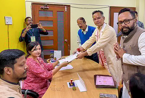 Assam Congress chief and the party's candidate from Jorhat constituency Gaurav Gogoi files his nomination ahead of the Assam Assembly elections, in Jorhat district. 