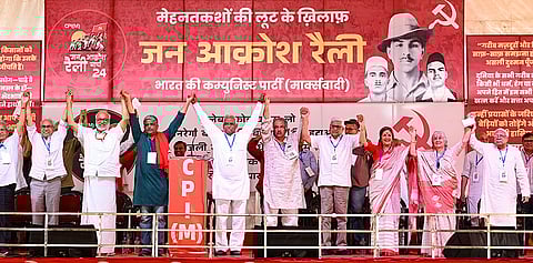 Communist Party of India (Marxist) General Secretary M A Baby, Prakash Karat, Brinda Karat and other leaders during the 'Jan Akrosh Rally' against the India-US trade deal and various government policies, at Ramlila Maidan in New Delhi.