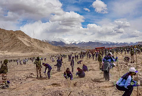Volunteers and others take part during the launch of the Indus River Green Corridor Eco-Restoration Plantation at Spituk Pharka, an initiative aimed at restoring the ecological integrity of the Indus riverbanks and creating green buffers in the fragile desert landscape of Leh-Ladakh, in Leh. 