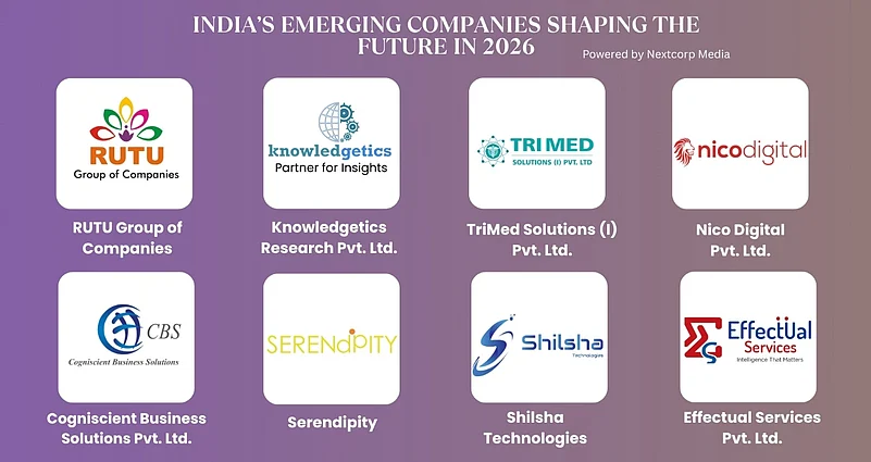 A graphic titled INDIAS EMERGING COMPANIES SHAPING FUTURE IN 2026, featuring logos of 8 companies