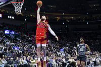 Utah Jazz Vs Toronto Raptors, NBA 2026: Barrett And Walter Fire Raptors to 127-143 Victory – In Pics | Photo: AP/Rob Gray : Toronto Raptors forward Sandro Mamukelashvili (54) goes up for a dunk against the Utah Jazz during the second half of an NBA basketball game in Salt Lake City.