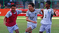 Photo: X/Bangladesh Football Federation : Ronan Sullivan (centre) celebrates after scoring a goal for Bangladesh against Pakistan in the SAFF U20 Championship 2026.