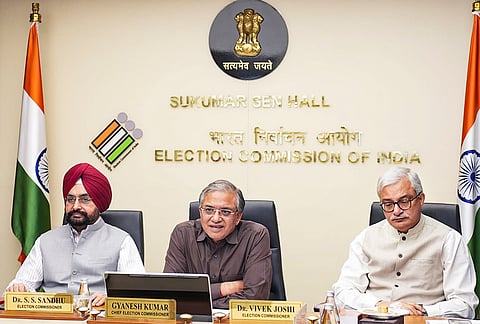 Chief Election Commissioner Gyanesh Kumar along with Election Commissioners Sukhbir Singh Sandhu and Vivek Joshi during an Inter-State Border meeting with Chief Secretaries, DGPs, CEOs, and Principal Secretaries (Home), Principal Secretaries (Excise), Principal Secretaries (SGST) and SPNOs of poll going states and their neighboring states and meeting with Multi-Departmental Committee on Election Intelligence (MDCEI). 