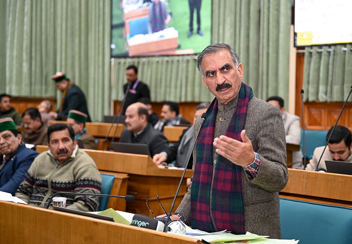 In this image posted on March 20, 2026, Himachal Pradesh Chief Minister Sukhvinder Singh Sukhu speaks during the Budget session of the state Assembly, in Shimla - PTI
