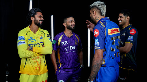 Indian Premier League team captains (from left) Ruturaj Gaikwad (Chennai Super Kings), Ajinkya Rahane (Kolkata Knight Riders), Hardik Pandya (Mumbai Indians) and Shubman Gill (Gujarat Titans) interact in Mumbai ahead of the meeting with the Board of Control for Cricket in India.